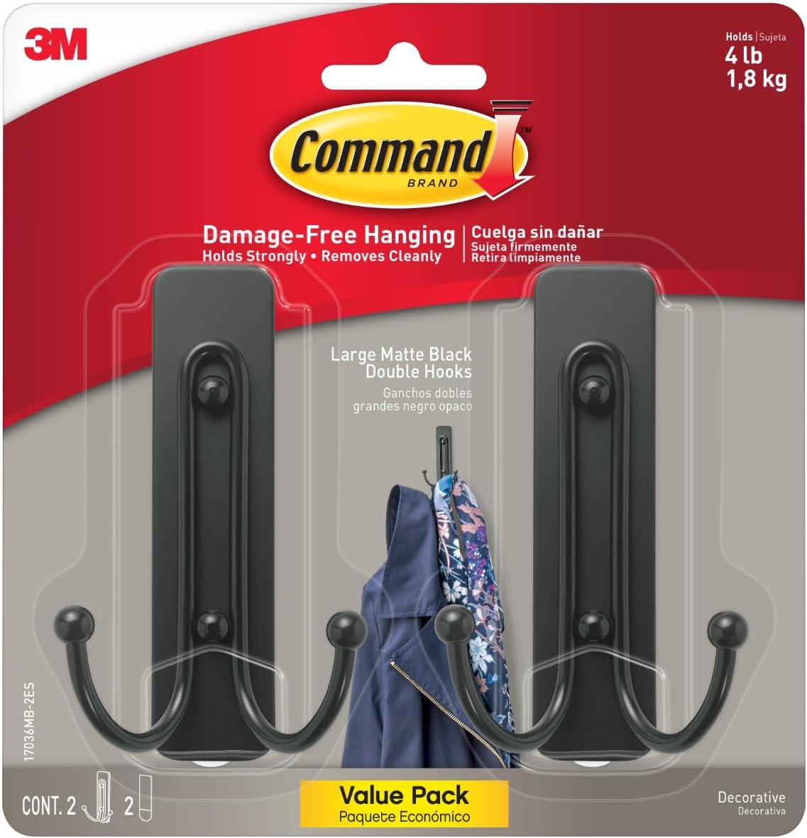 Command Large Matte Black Double Hooks. 2 Hooks and 2 Strips. Damage Free Hanging Wall Hooks with Adhesive Strips. No Tools Coat Hooks for Hanging Home Decor. Holds up to 4 lb