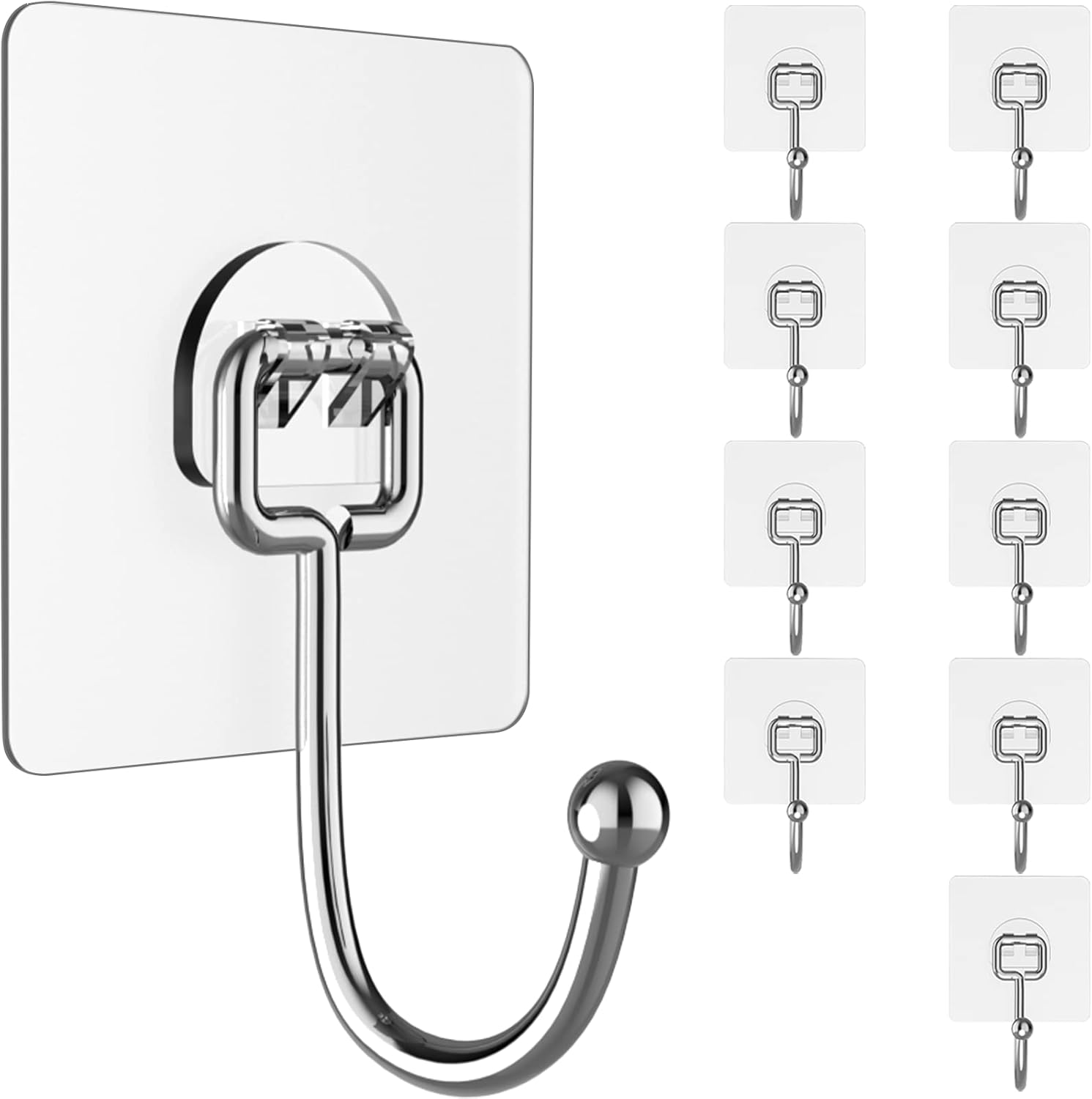Large Hooks for Hanging Heavy-Duty 44Ib(Max) 10 Packs. Wall Hangers without Nails Self-Adhesive Traceless Clear and Removable. Waterproof and Rustproof Multiple Uses for Bathroom Kitchen Home