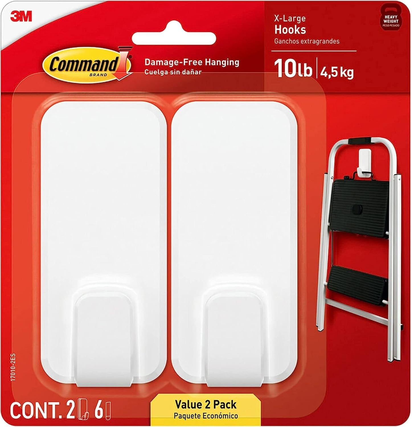 Command 10 lb XL Heavyweight Hook. 2 Wall Hooks and 6 Strips. Damage-Free Hanging with Adhesive. Heavy Duty Hanging Great for Organization and Storage