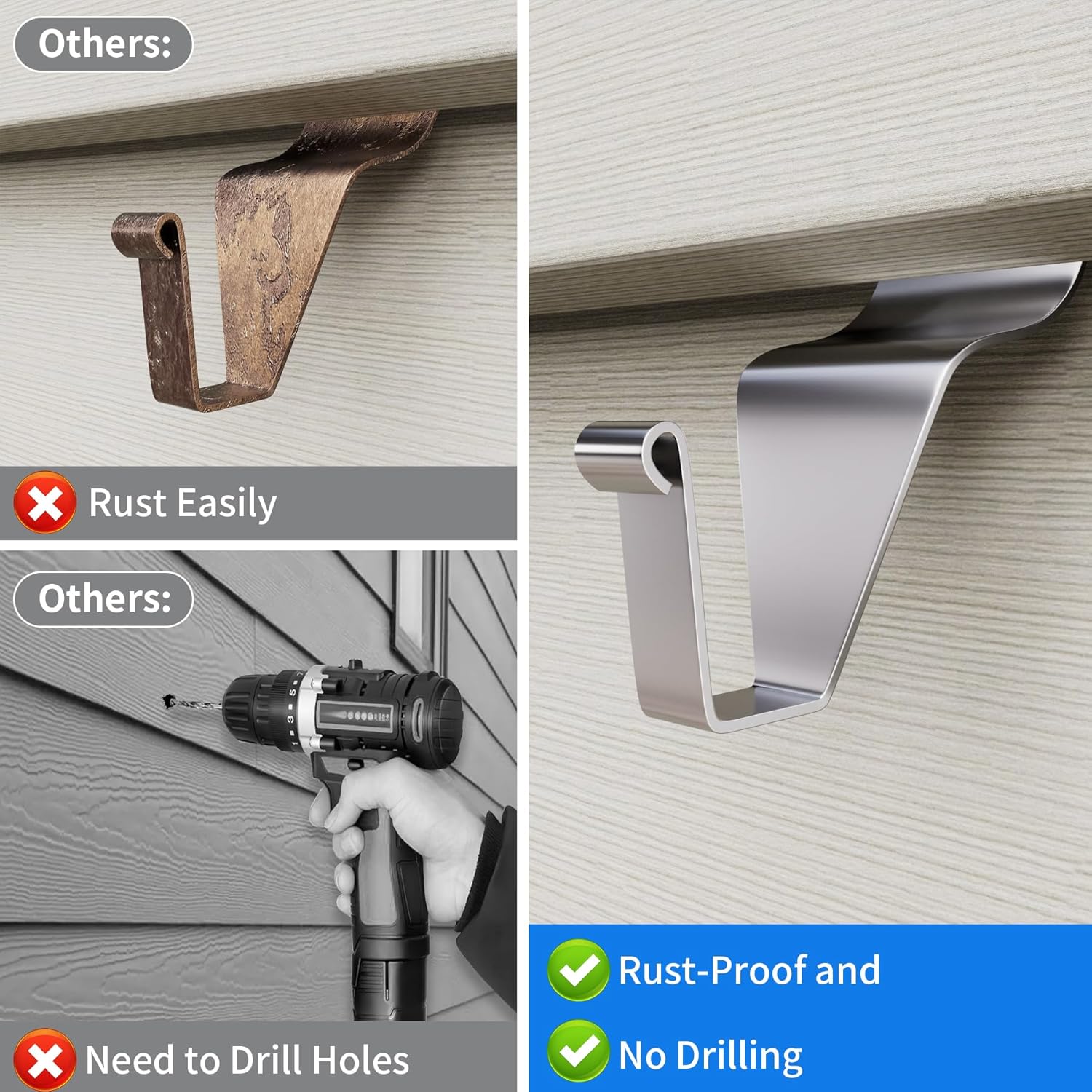 Amuille Vinyl Siding Hooks Hanger 10 Pack. Heavy Duty Siding Clips for Hanging on Patio. No-Hole Needed Stainless Steel Siding Hook to Decor Wreath Things for Horizontal Vinyl Siding - Image 5