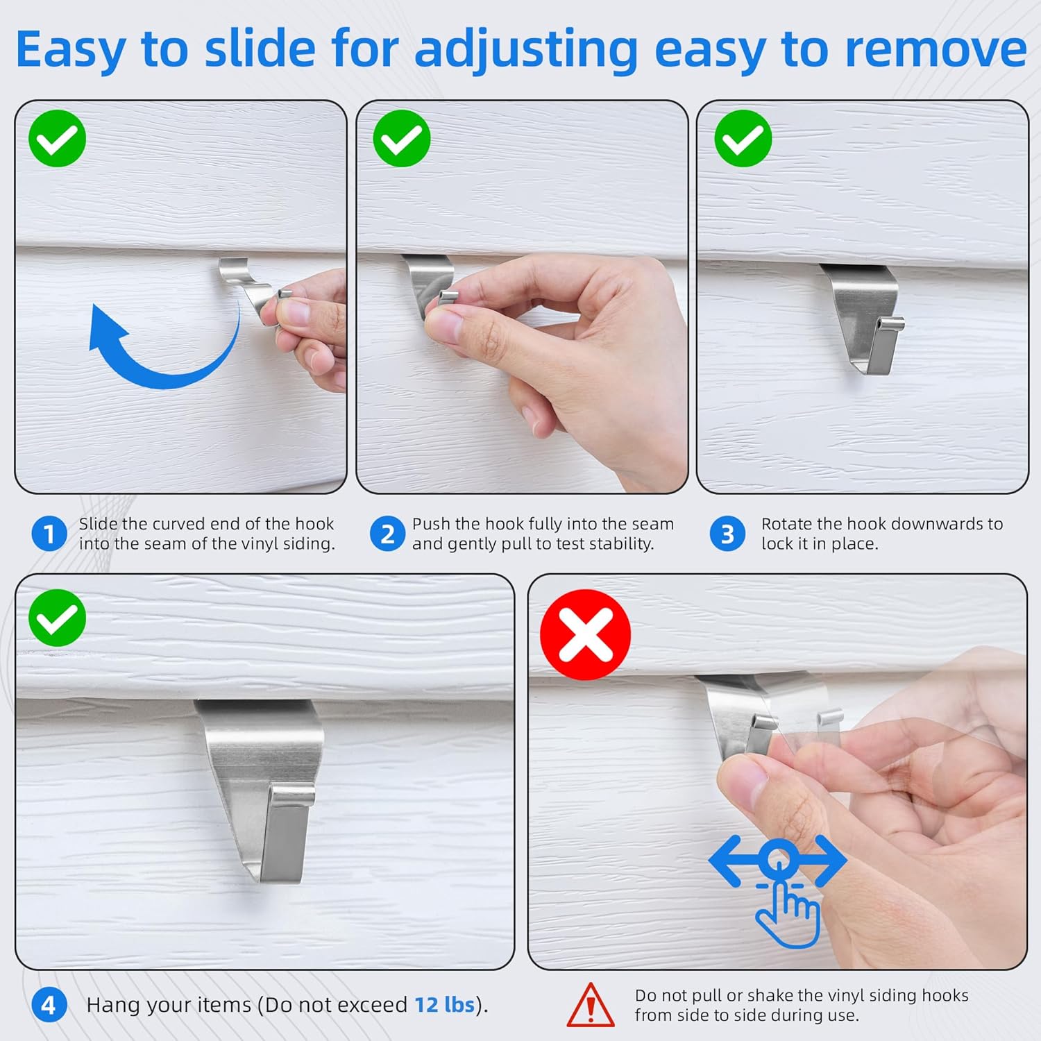 Amuille Vinyl Siding Hooks Hanger 10 Pack. Heavy Duty Siding Clips for Hanging on Patio. No-Hole Needed Stainless Steel Siding Hook to Decor Wreath Things for Horizontal Vinyl Siding - Image 7