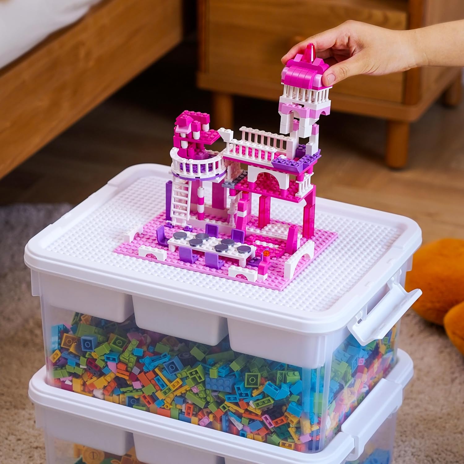 Citylife 17 QT Plastic Storage Box with Building Baseplate Lid and Removable Tray Craft Organizers and Storage Clear Storage Container for Organizing Bead. Tool. Sewing